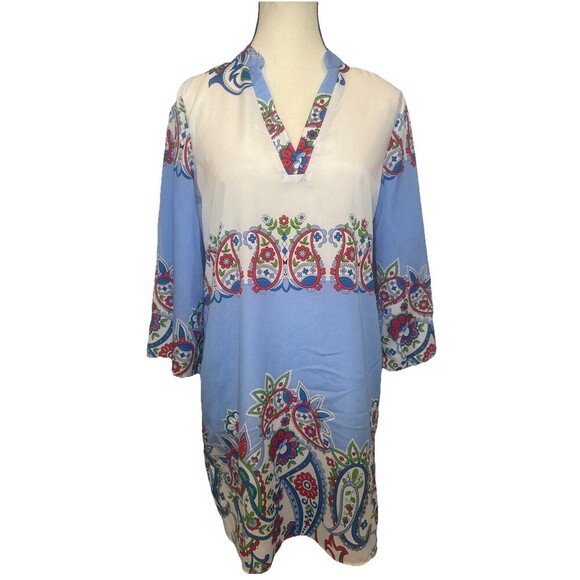 SUNNY LEIGH BLUE GREEN RED Paisley 3/4 Sleeve V Neck Dress Tunic Boho Chic Sz S - Picture 1 of 7
